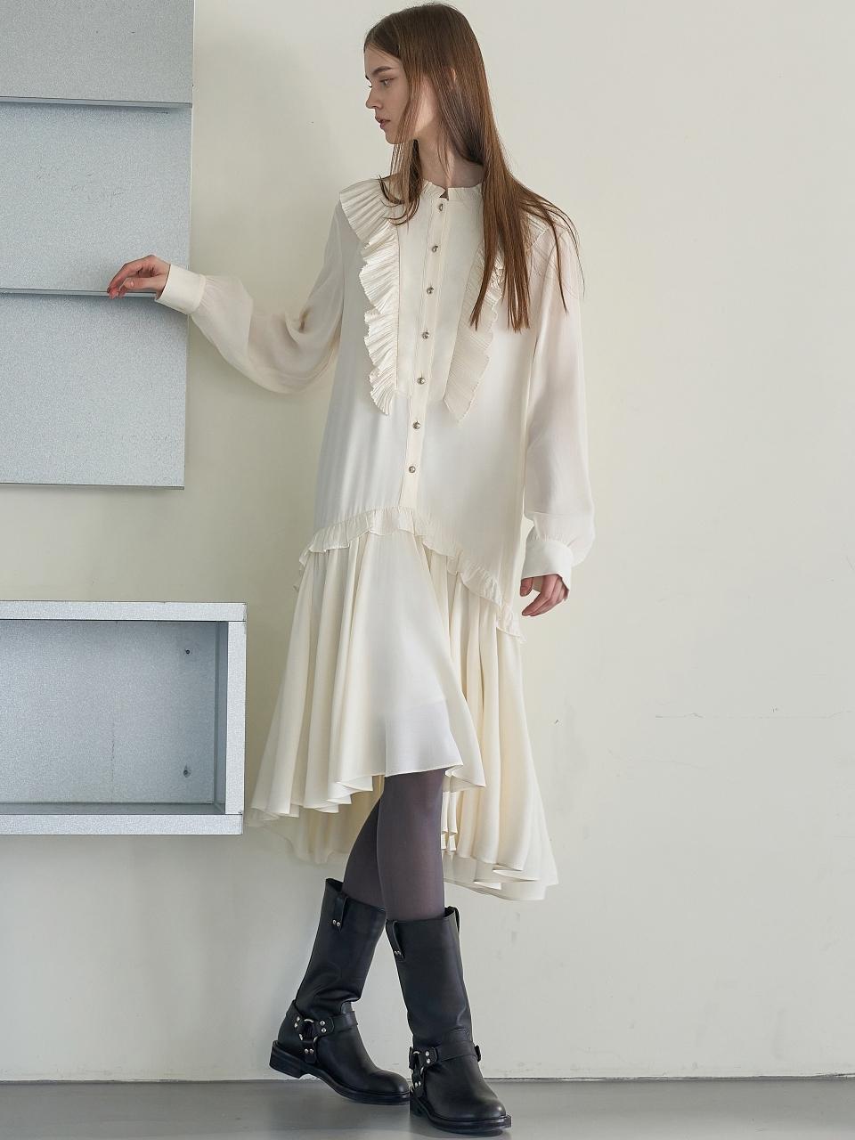 MITTE Pleated Collar Shirring Dress [Cream]