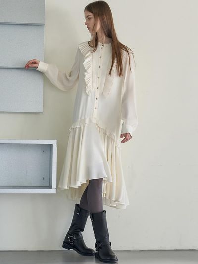 MITTE Pleated Collar Shirring Dress [Cream]