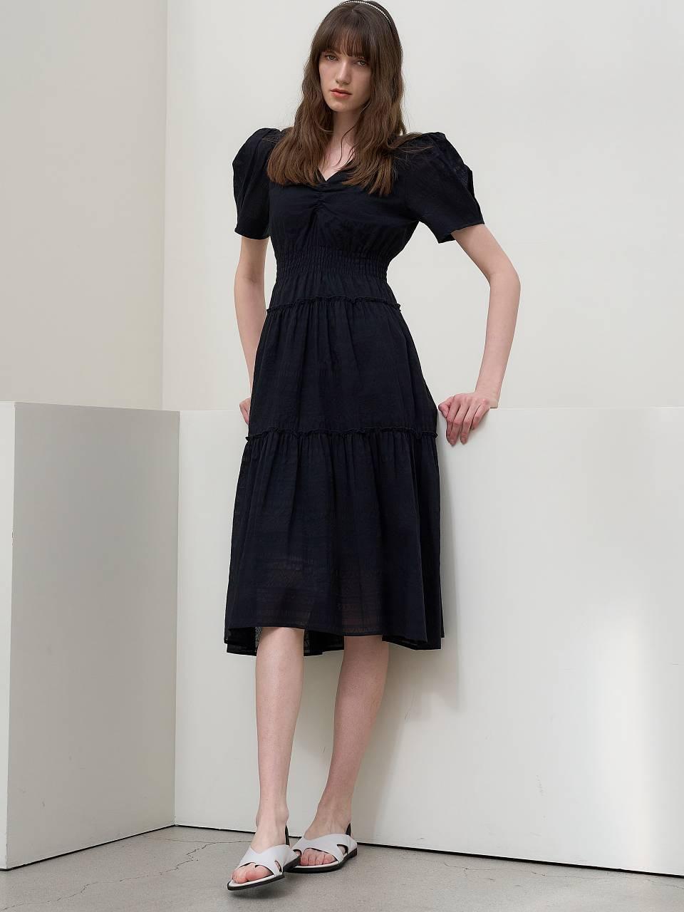 MITTE POPLIN SHIRRING DRESS [BLACK]