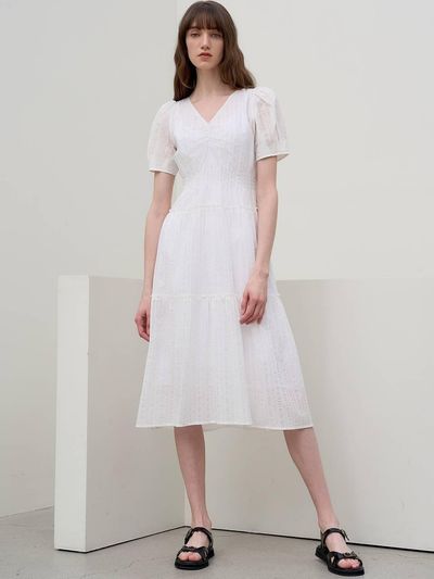 MITTE POPLIN SHIRRING DRESS [WHITE]