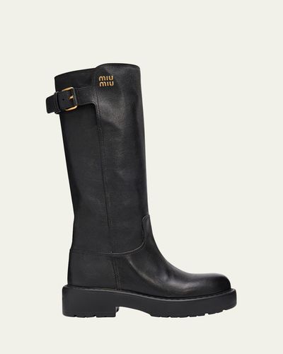 Miu Miu 55mm Leather Knee-High Lug-Sole Boots