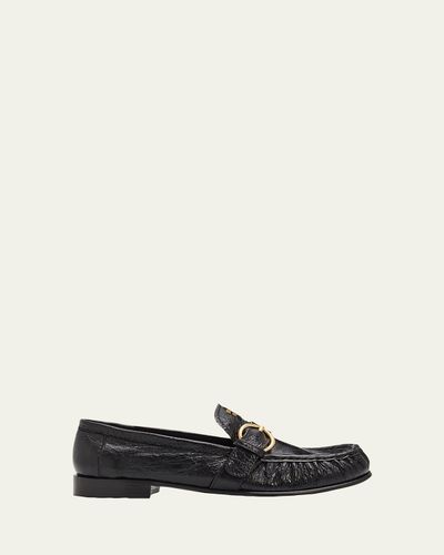 Miu Miu Crinkled Leather Buckled Moccasin Loafers