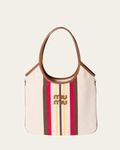 Miu Miu Ivy Striped Leather-Trim Canvas Tote Bag