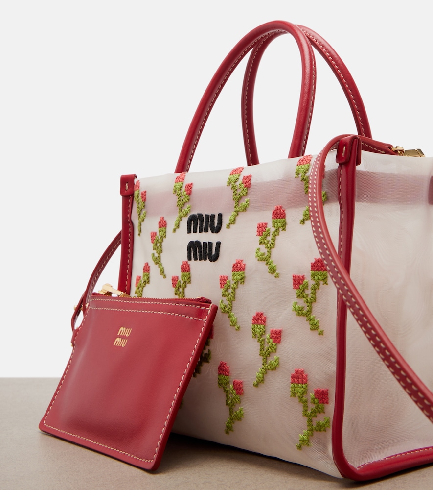 Miu Miu - Embroidered leather-trimmed mesh top-handle bag