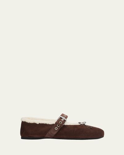 Miu Miu Shearling-Lined Suede Mary Jane Ballerina Flats