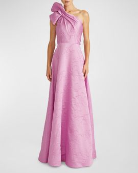 ML Monique Lhuillier Amira One-Shoulder Floral Jacquard Ruffle Gown