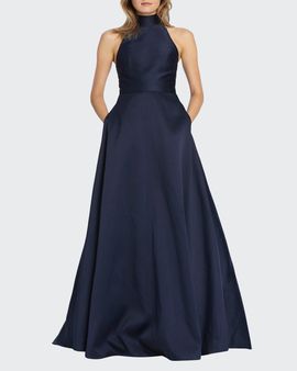 ML Monique Lhuillier High-Neck Keyhole-Back Sleeveless Ball Gown with Pockets