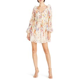 ML Monique Lhuillier ML Monique Lhuillier Lila Floral Print Long Sleeve Chiffon Minidress