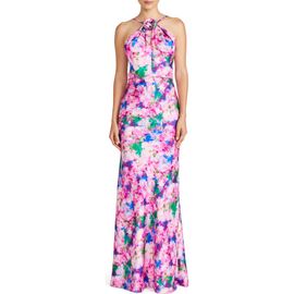 ML Monique Lhuillier ML Monique Lhuillier Violette Floral Halter Neck Satin Gown