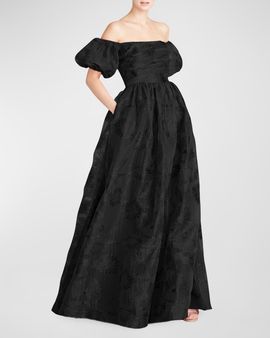 ML Monique Lhuillier Off-Shoulder Jacquard Gown