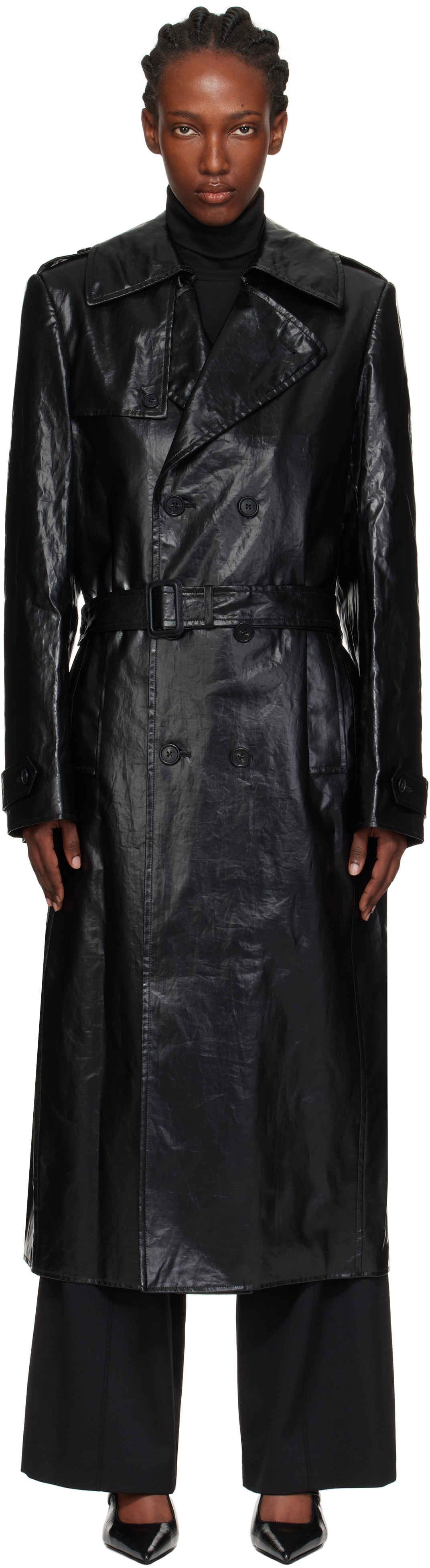 ミシャコシャ　マロン MM6 Maison Margiela - Black Shiny Coated Linen Trench Coat