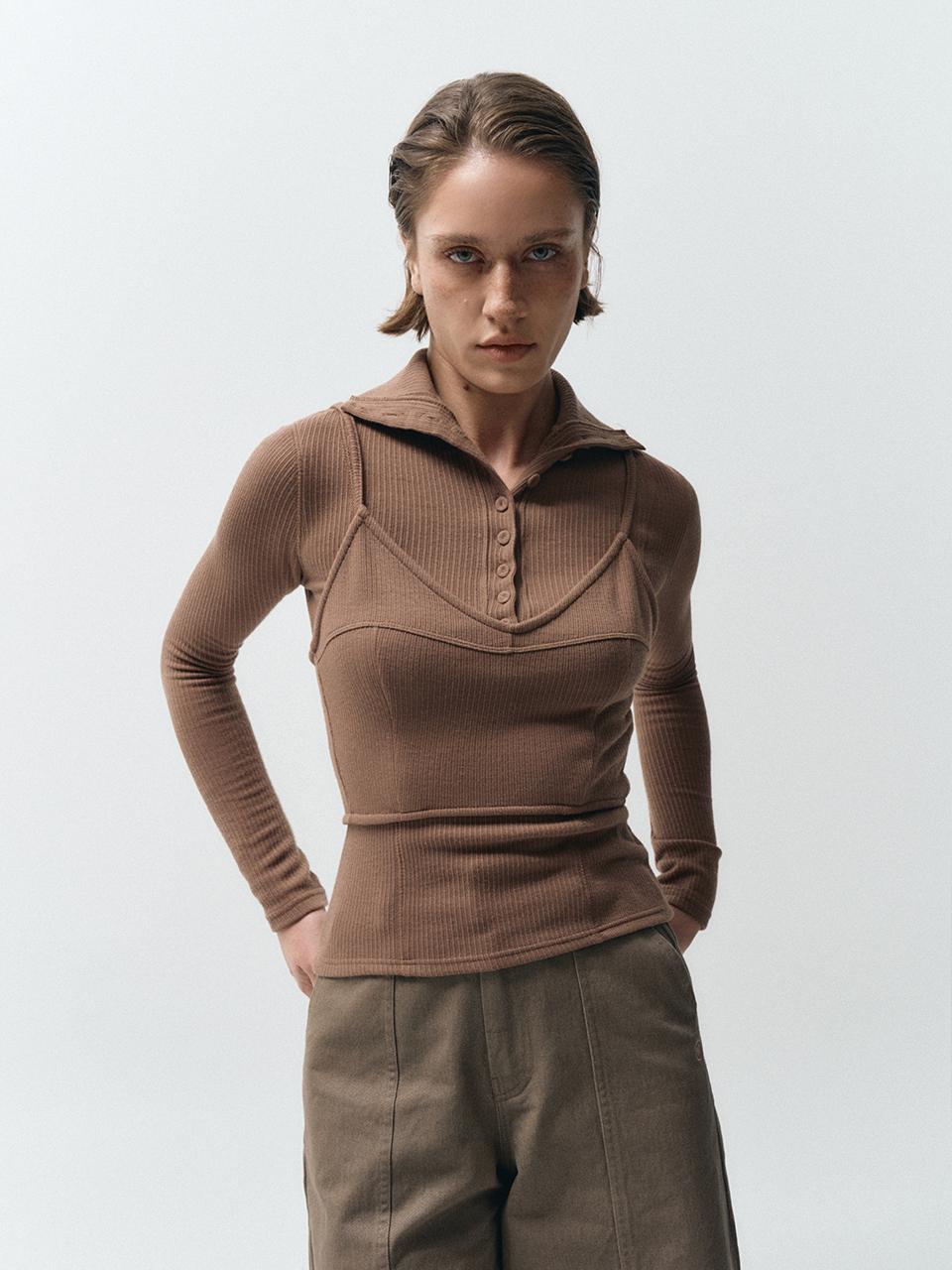 MMAK BUTTON UP TURTLENECK BUSTIER SET, BROWN