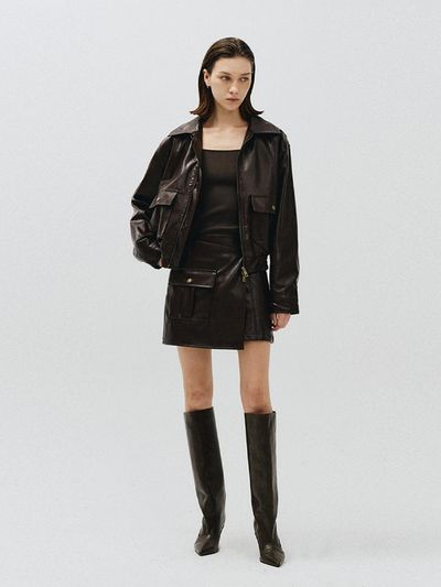 MMAK POCKET ECO LEATHER MINI SKIRT, BROWN