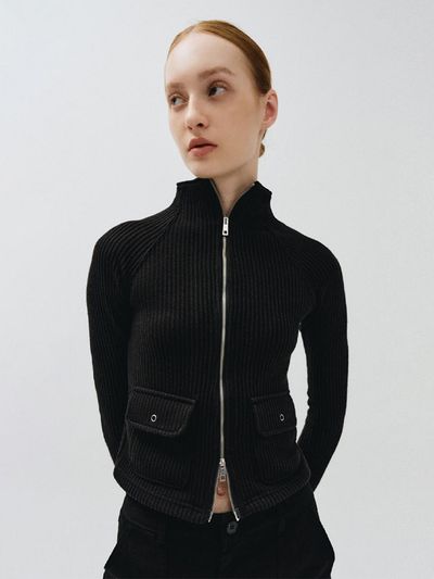 MMAK RIBBED HIGH - NECK ZIP UP, BLACK