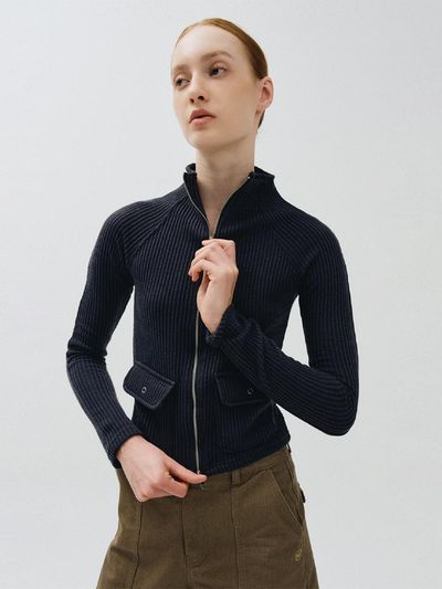 MMAK RIBBED HIGH - NECK ZIP UP, NAVY