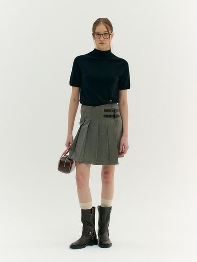 MOAT Buckle Pleats Wrap Skirt_Check Brown