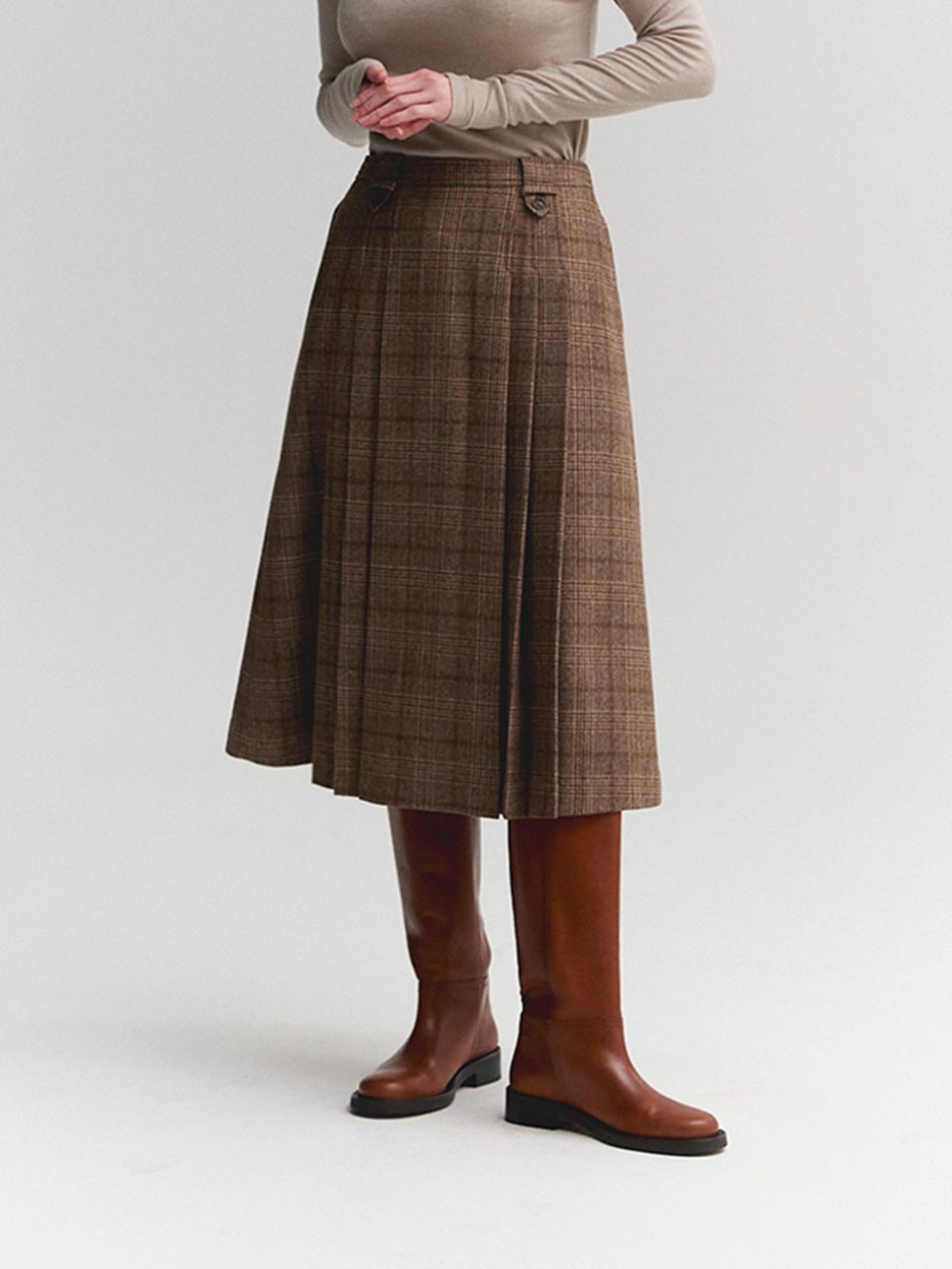 MOAT CHECK PLEATS SKIRT(CHECK BROWN)