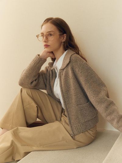 MOAT COLLAR ZIP-UP CARDIGAN (wood brown)