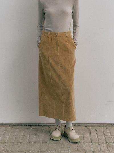 MOAT Corduroy Pencil Cotton Long Skirt [Sand Beige]