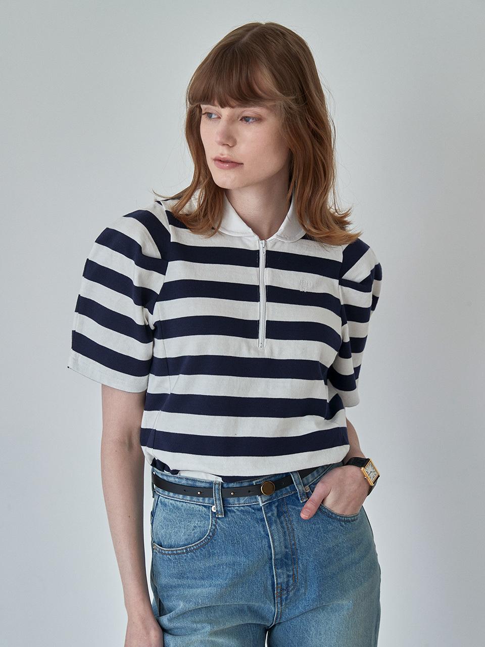 MOAT HALF ZIP-UP COLLAR T-SHIRT(navy stripe )