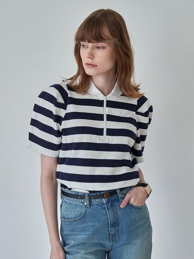MOAT HALF ZIP-UP COLLAR T-SHIRT(navy stripe )