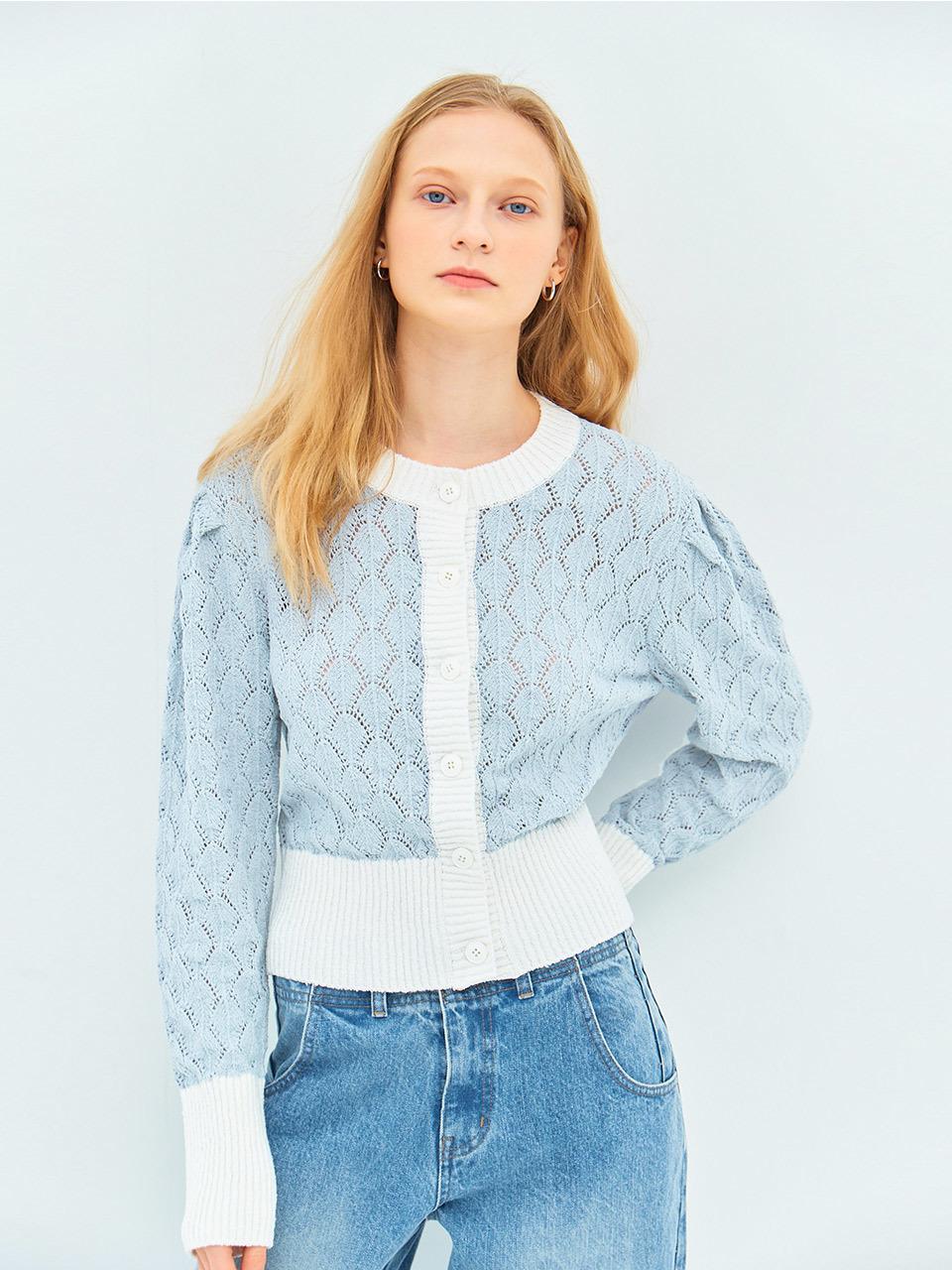 MOAT ROUND NECK PUNCHING CARDIGAN(natural blue)