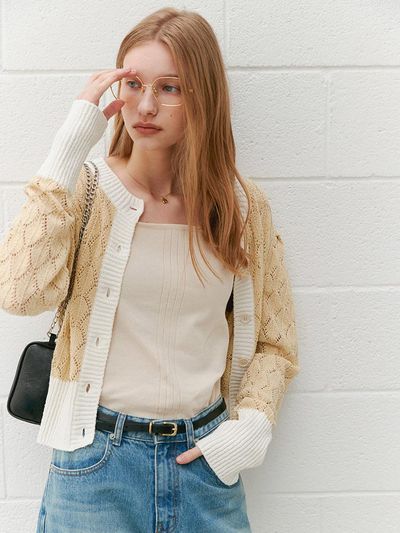 MOAT ROUND NECK PUNCHING CARDIGAN(yellow)