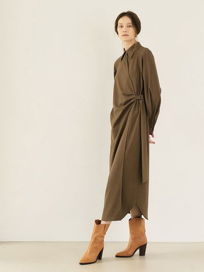 MOAT Tuck Pleats Wrap Dress_Mocha Brown