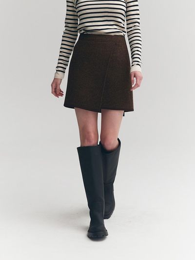 MOAT TWEED POCKET WRAP MINI SKIRT(EARTH BROWN)
