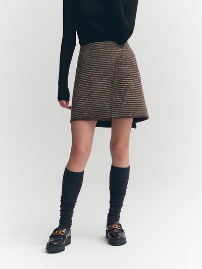 MOAT TWEED POCKET WRAP MINI SKIRT(TWEED BROWN)