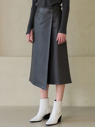 MOAT Unbalanced Leather Wrap Skirt_Dust Gray
