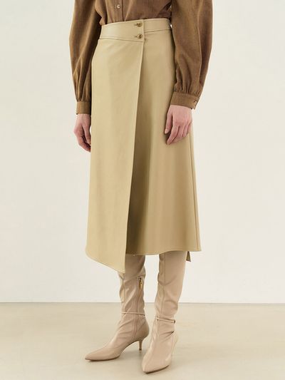 MOAT Unbalanced Leather Wrap Skirt_Sand Beige