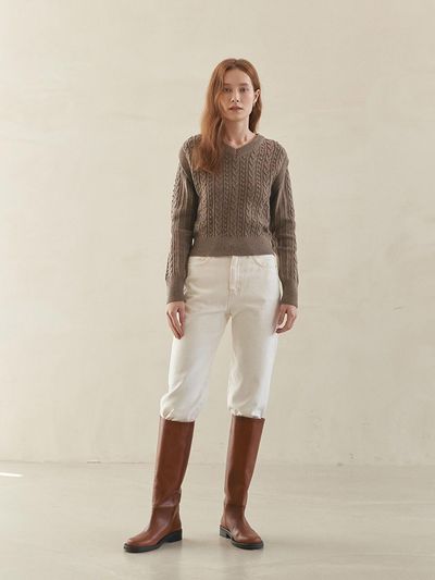 MOAT V-NECK CABLE PULLOVER(stone brown)