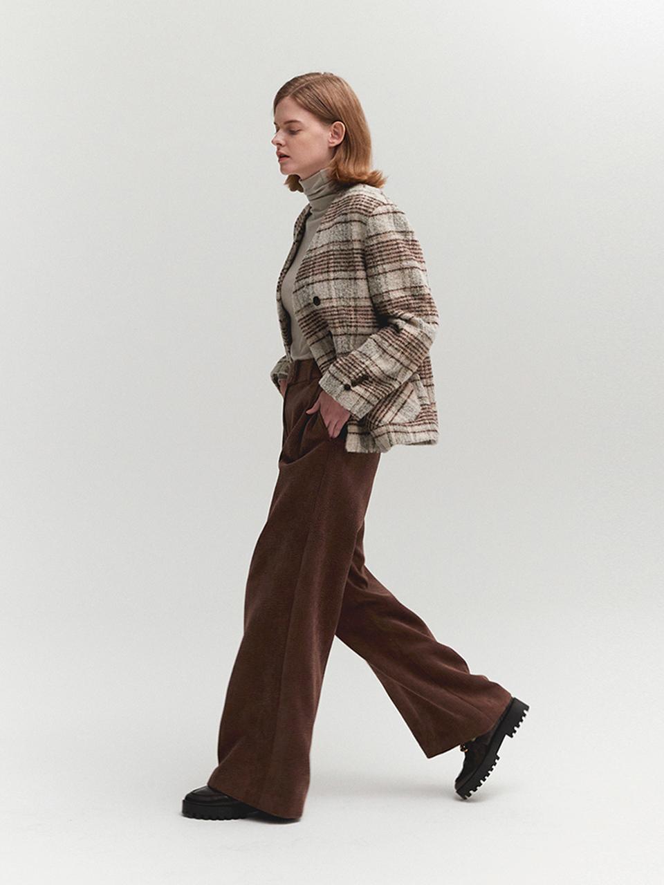 MOAT V-NECK NOCOLLAR HALF JACKET(CHECK GRAY)