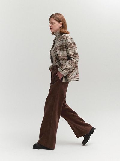 MOAT V-NECK NOCOLLAR HALF JACKET(CHECK GRAY)