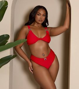 Moda Minx Curve Moda Minx Curve X Bernadette Afia knot front bikini top with gem details in red