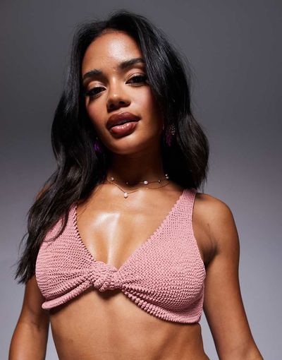 Moda Minx Moda Minx scrunch knot front bikini top in clay pink