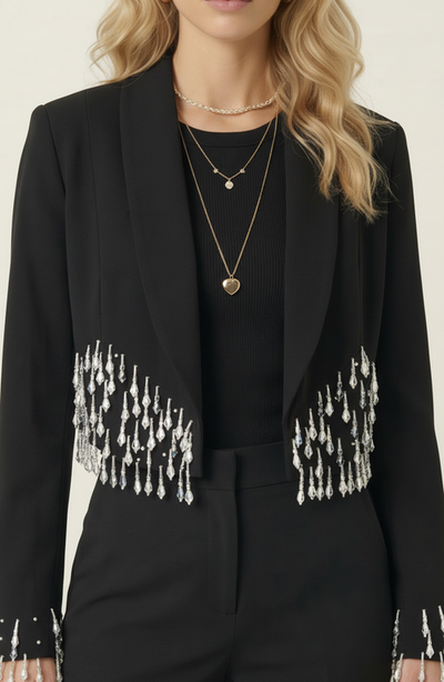 Modenaire Modenaire Beaded Cropped Blazer with Shawl Collar