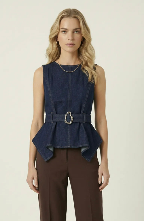 Modenaire Modenaire Belted Denim Peplum Top