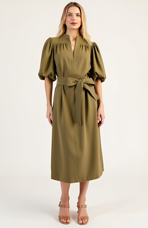 Modenaire Modenaire Belted Midi Dress with Puff Elbow Sleeves and Keyhole Neckline