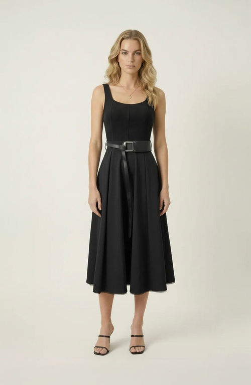 Modenaire Modenaire Belted Scoop Neck Midi Dress