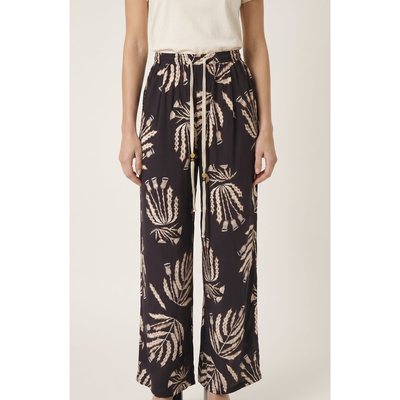 Modenaire Modenaire Botanical Print Wide Leg Pants with Drawstring Waist and Side Pockets