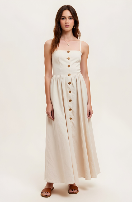 Modenaire Modenaire Button Front Midi Dress with Spaghetti Straps and Side Pockets