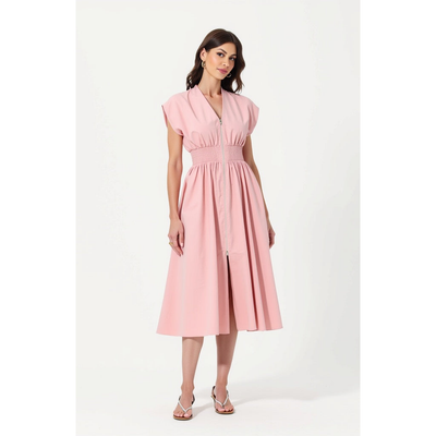 Modenaire Modenaire Cap Sleeve Midi Dress with Smocked Waist Front Zip and Side Pockets