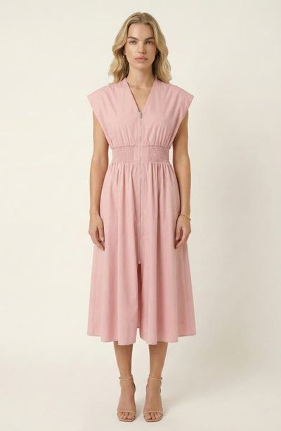 Modenaire Modenaire Cap Sleeve Smocked Front Zip Midi Dress