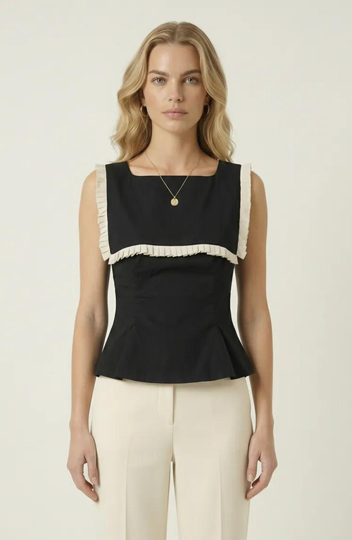 Modenaire Modenaire Contrast Bib Ruffle Trim Peplum Top