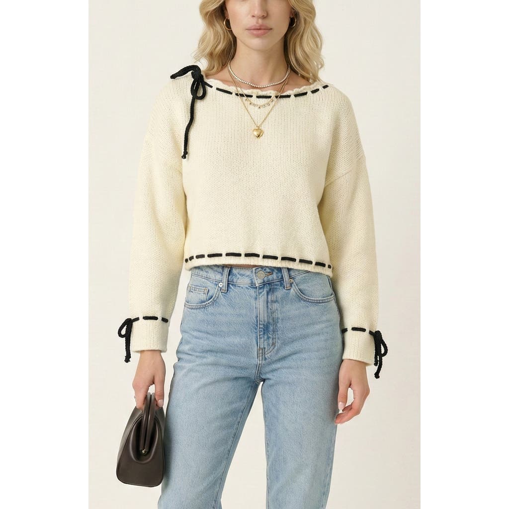 Modenaire Modenaire Contrast Tie Scalloped Boat Neck Cropped Hem Knit Sweater
