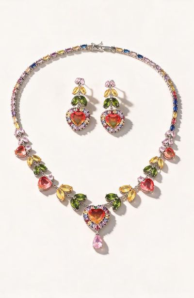 Modenaire Modenaire Crystal Heart Necklace And Matching Drop Earring Set