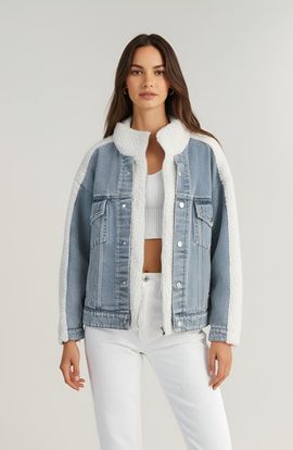 Modenaire Modenaire Denim Jacket with Faux Shearling Collar and Contrast Trim