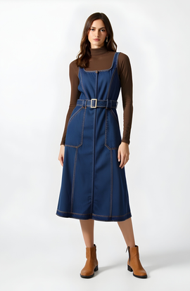 Modenaire Modenaire Denim Midi Dress with Belt and Zip Front